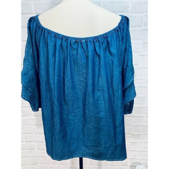 Cover Stitched Womens Denin Top Cascade Collar M - Picture 3 of 7